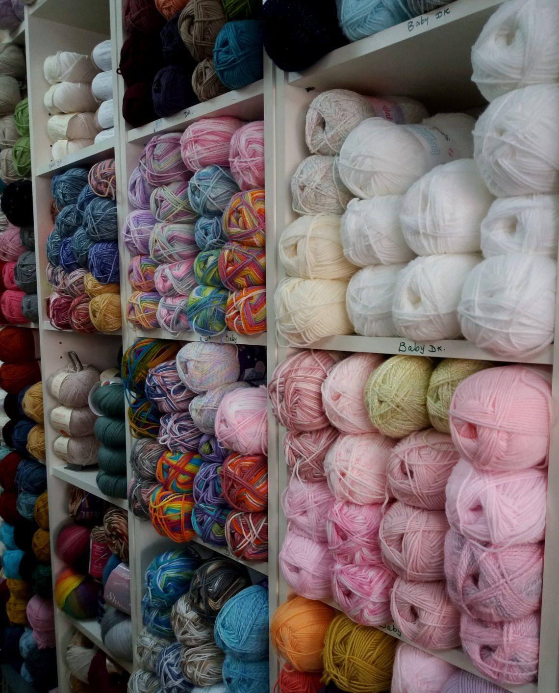 Bundles of wool on shelves in Art and Craft Valley, Coulsdon