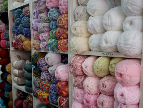 Bundles of wool on shelves in Art and Craft Valley, Coulsdon