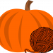 Pumpkin with orange wool beside it.